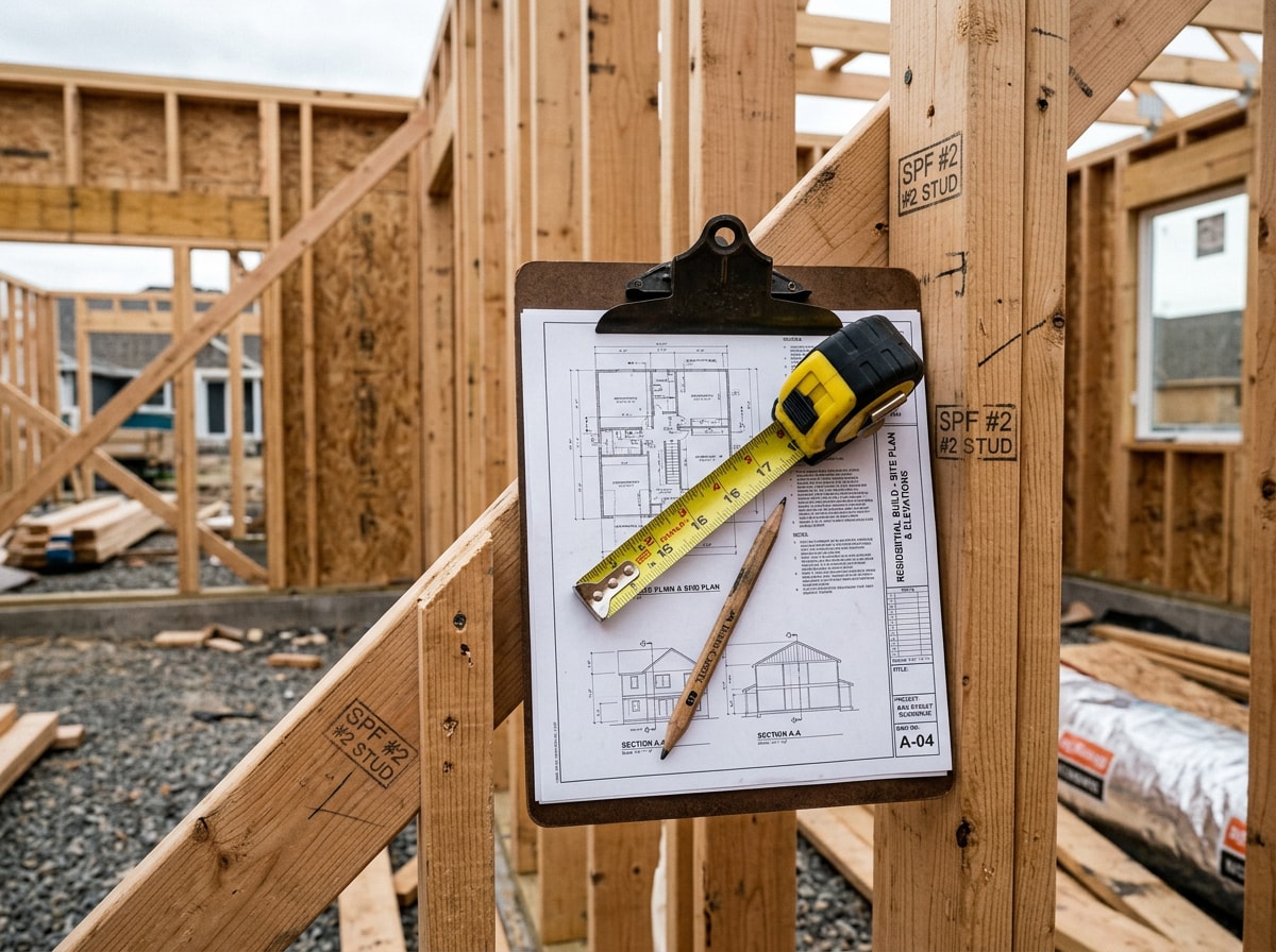 Clerk of the works inspecting framing and comparing it against blueprints on a residential job site
