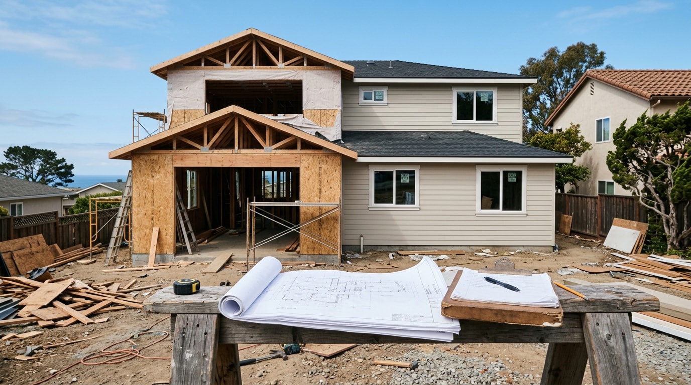Residential construction site in Royal Oaks, CA showing framing and finished exterior under a clear sky