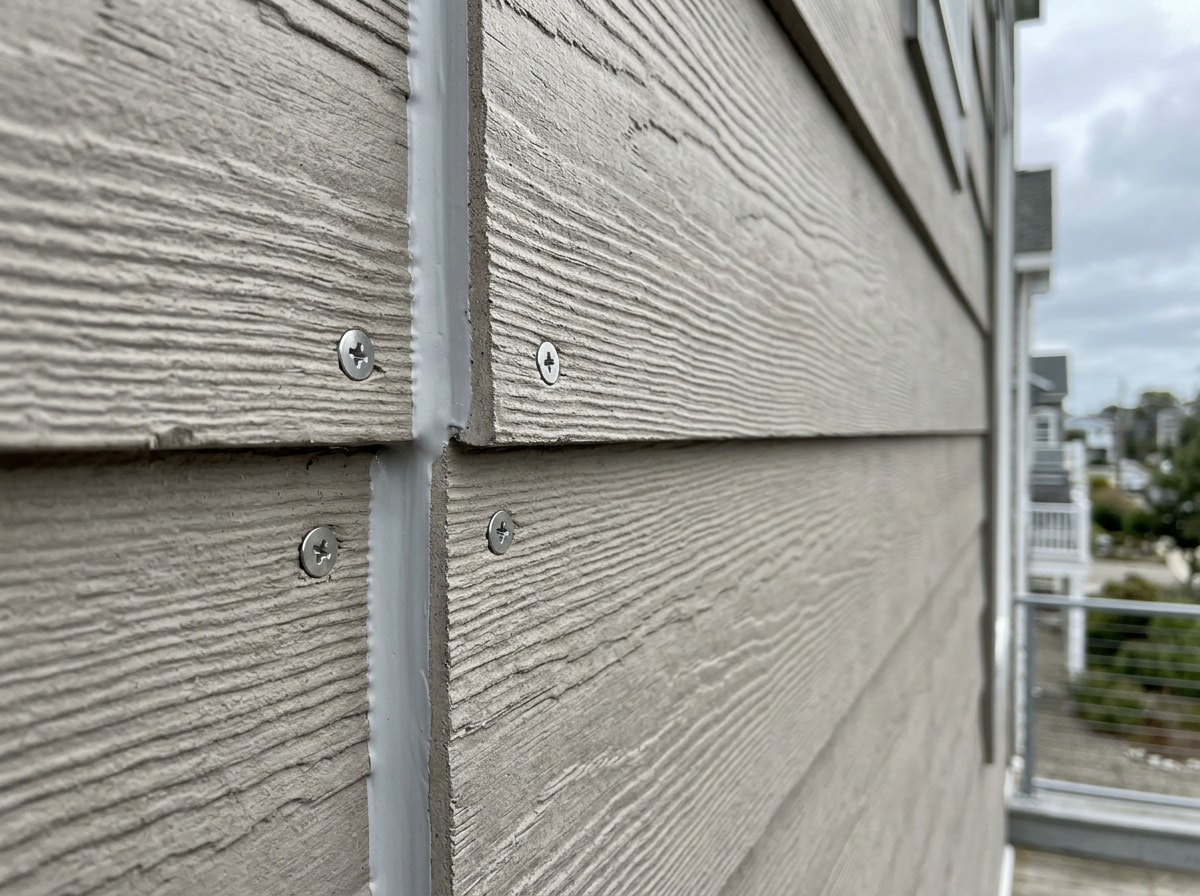 Close-up of fiber cement siding and stainless fasteners installed on a coastal commercial building exterior