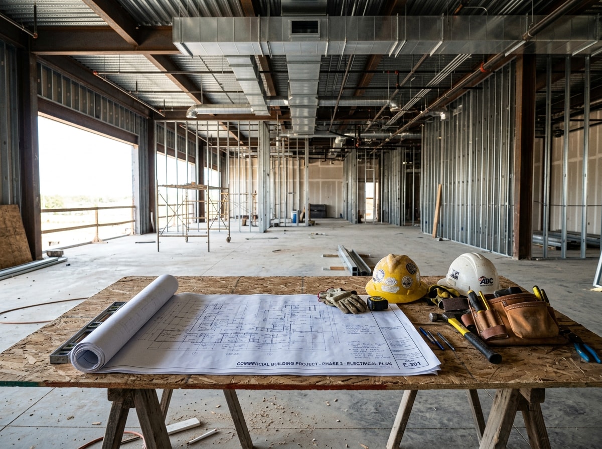 Commercial general contracting crew reviewing blueprints on a Gilroy jobsite