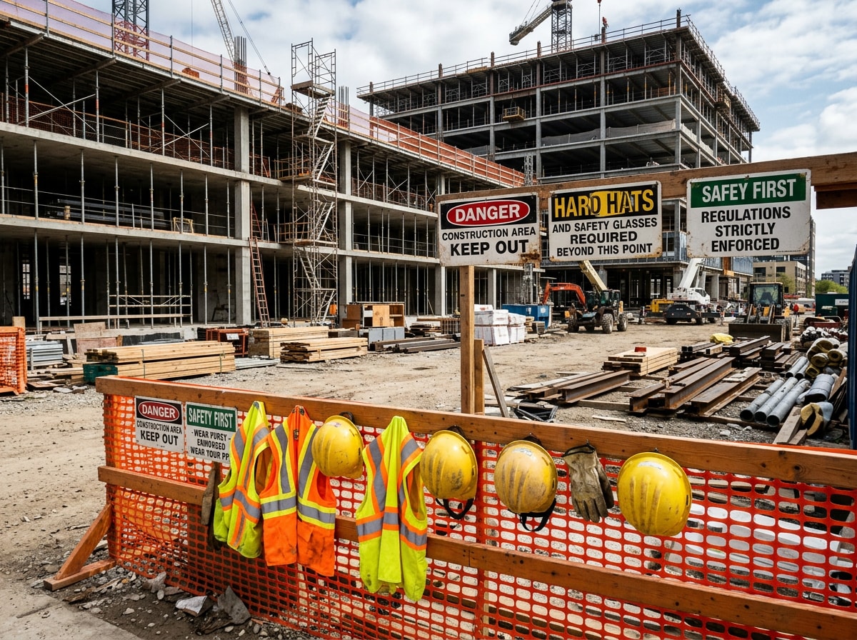 Workers wearing hard hats and high-visibility vests on an active commercial construction site