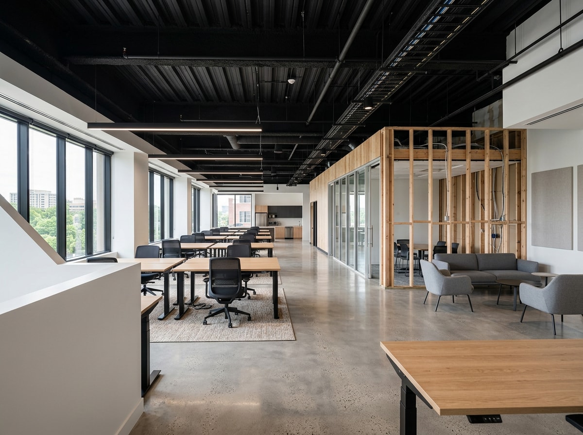 Finished commercial office build-out with open floor plan and new partition framing