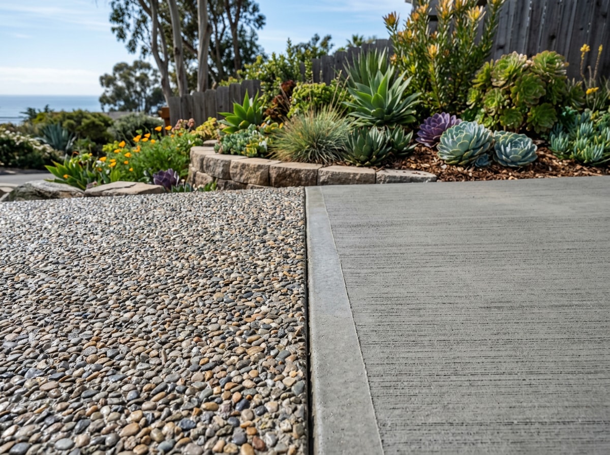 Freshly finished concrete patio and driveway on a coastal California property