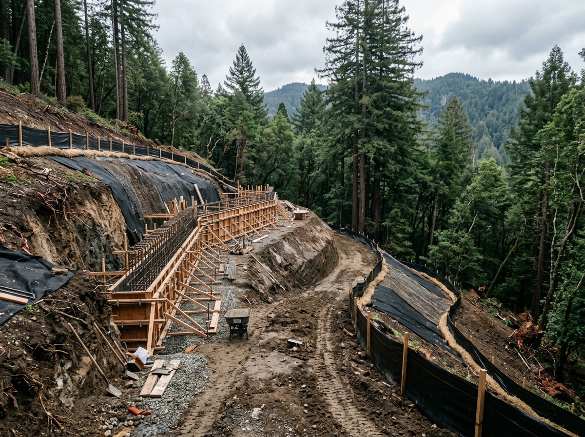 Hillside home construction site showing grading and foundation work in the Santa Cruz Mountains