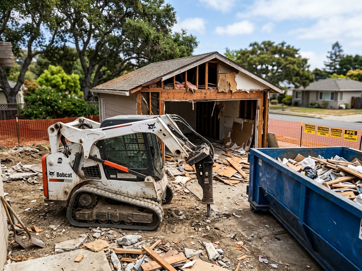 Licensed demolition crew preparing equipment on a residential teardown site in Gilroy, CA