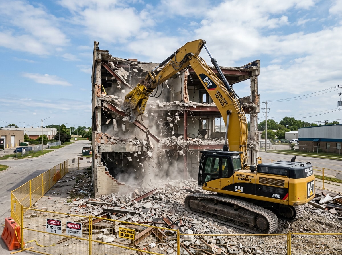 Excavator tearing down a commercial building during a South County demolition project