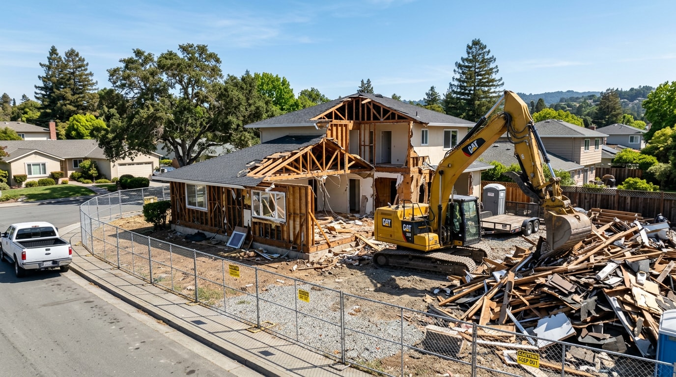 Demolition contractor equipment at a residential teardown site in Gilroy and South County, CA