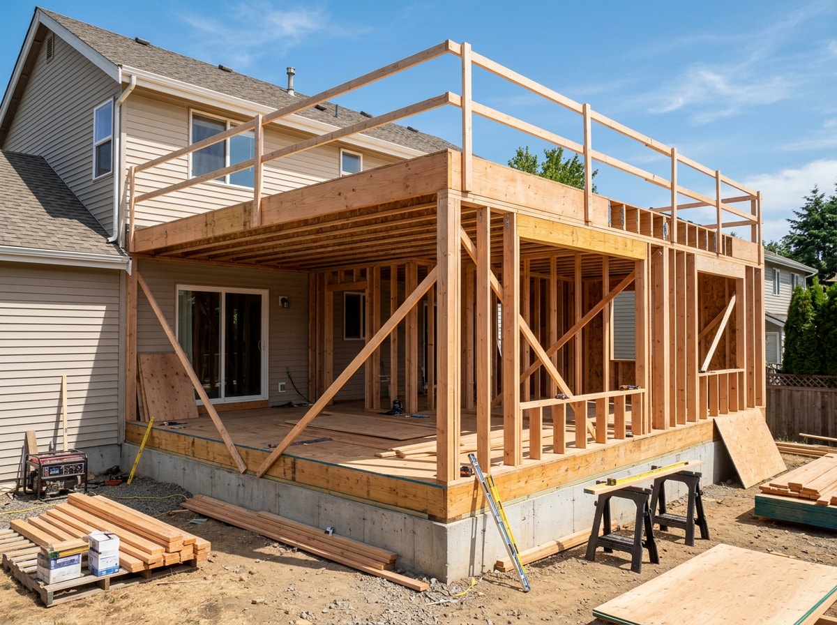 Family room addition framing connected to an existing home foundation