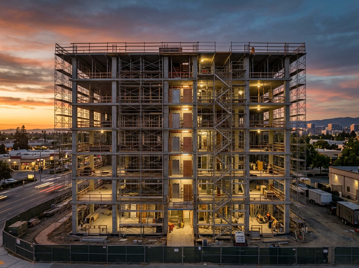 Framed multi-story commercial building under construction with scaffolding at dusk, San Jose Metro jobsite, no people