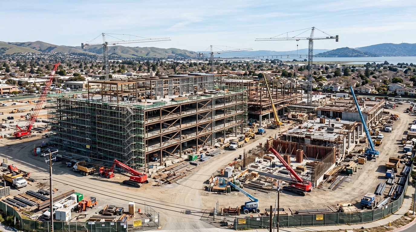 Commercial construction jobsite in San Jose Metro, CA with multi-crew scaffolding and framing