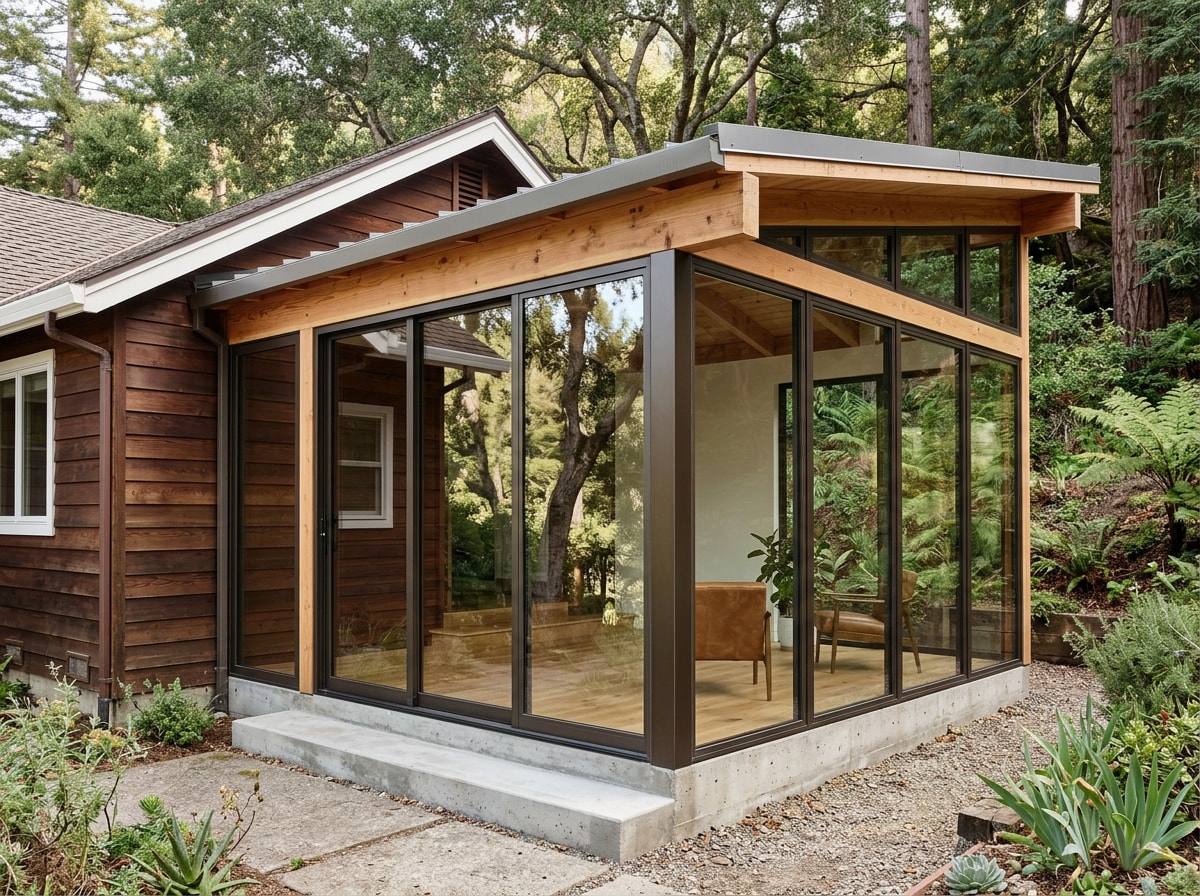 Finished glass room addition with aluminum-framed glazing attached to a California coastal home