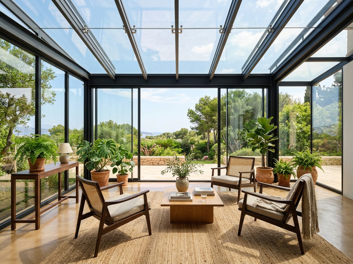 Glass-walled solarium with floor-to-ceiling glazing and glazed roof on a Santa Cruz home