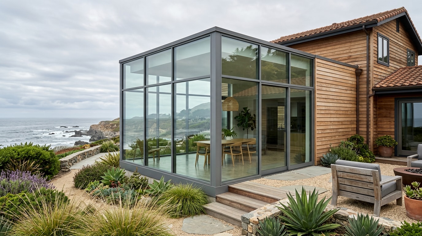 Modern glass room extension attached to a Santa Cruz style coastal home