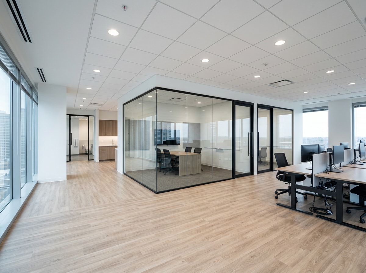 Commercial contractor crew completing a tenant improvement build-out inside a Santa Cruz office space