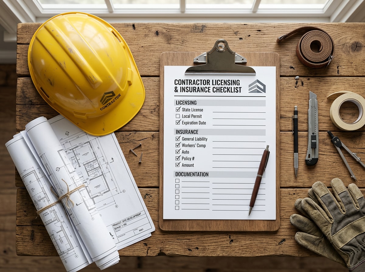 Checklist graphic showing license verification and insurance confirmation steps for hiring a commercial contractor