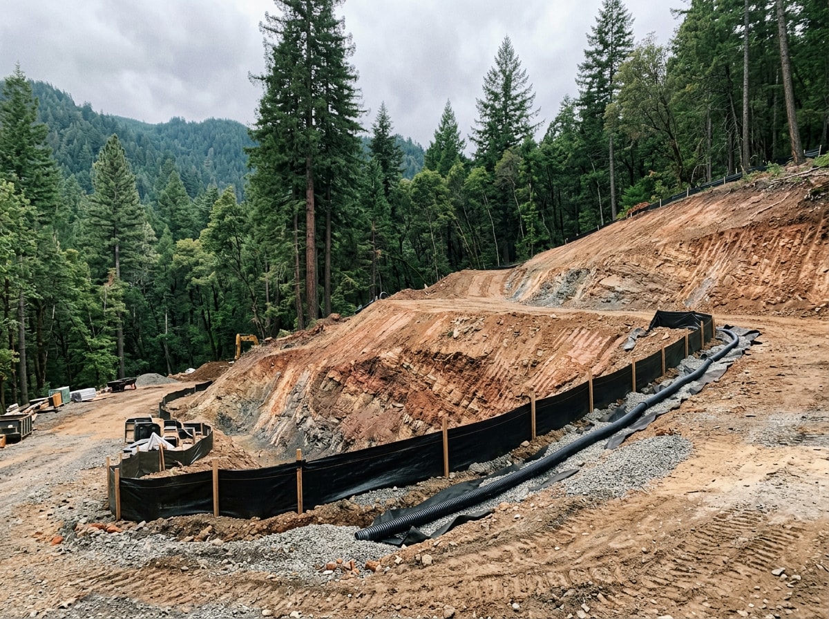 Residential contractor grading a hillside construction site in the Santa Cruz Mountains