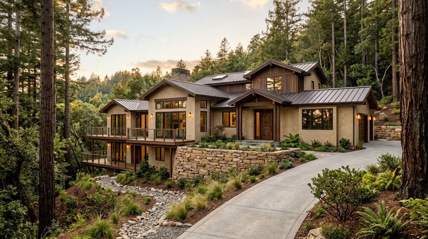 Custom residential home built on a hillside lot in the Santa Cruz Mountains Custom residential home built on a hillside lot in the Santa Cruz Mountains