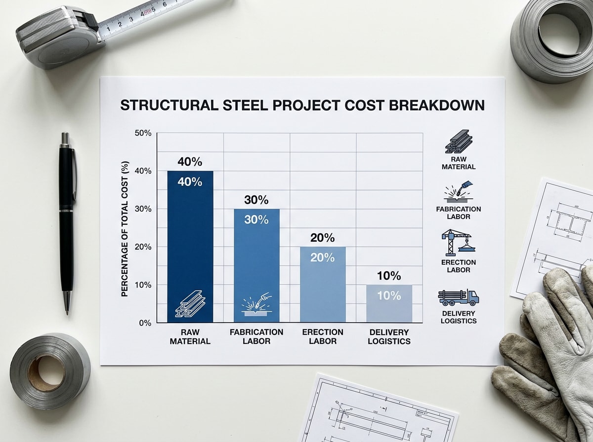Cost breakdown chart showing material, fabrication, erection, and delivery shares for a 2026 structural steel project