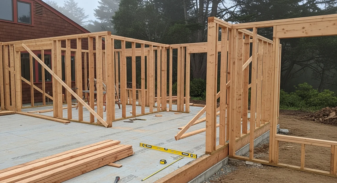 General construction crew framing a residential addition