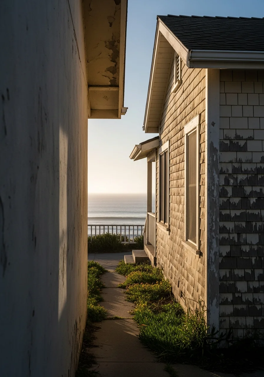 Coastal community home exterior with weathered charm, ocean-view positioning, and typical beachside architectural details.