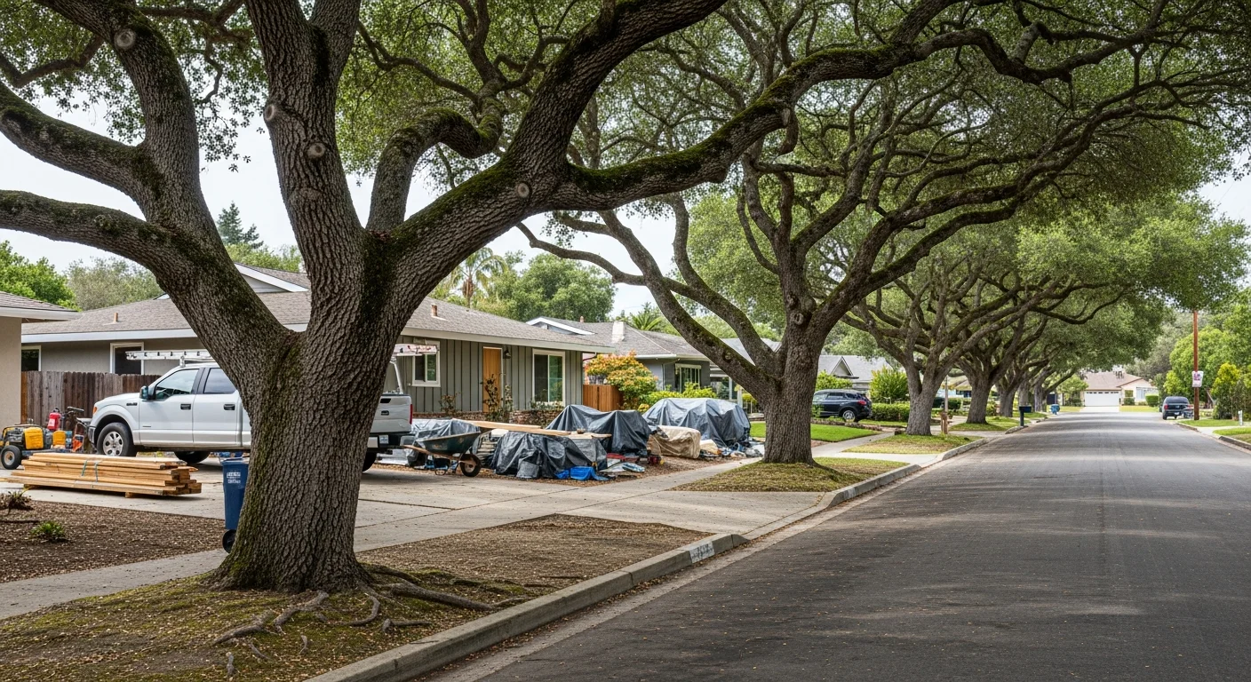 Quiet residential street in Royal Oaks lined with mature oak trees and single-family homes set back from the road.