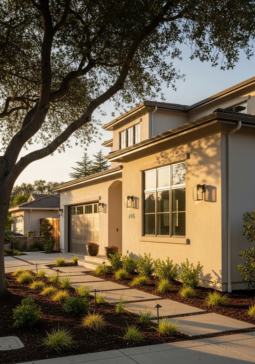 Close-up of a South Bay home exterior with modern updates, manicured landscaping, and clear property lines.