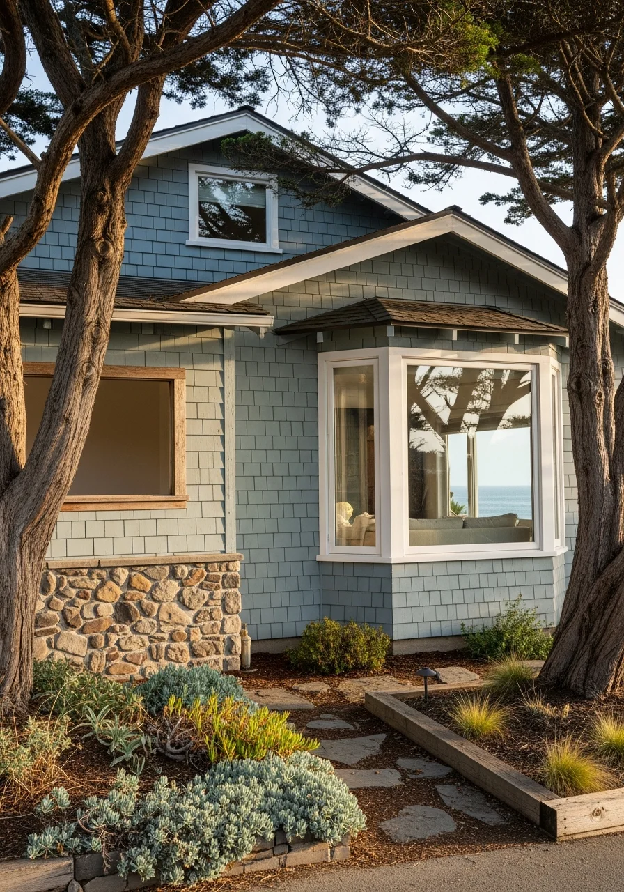 Coastal Santa Cruz home with ocean views, weathered siding, and mature landscaping typical of beachside neighborhoods.