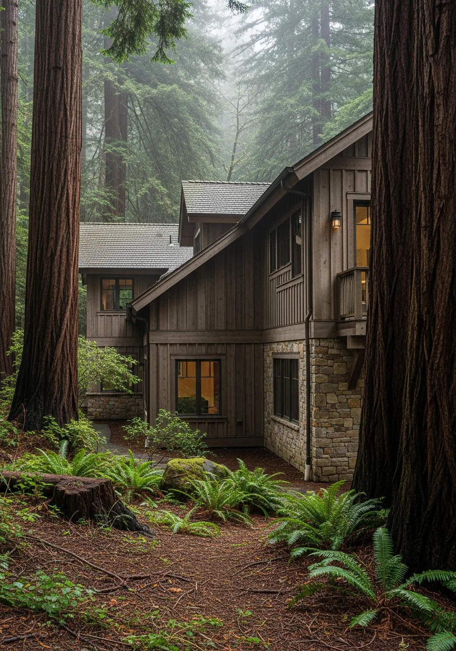 Mountain home exterior surrounded by dense forest, with mature redwoods and natural understory vegetation.