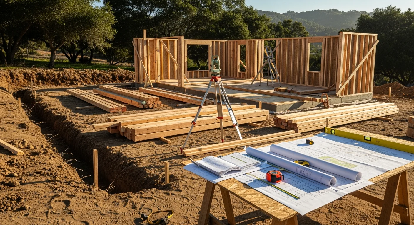 A newly constructed detached ADU with a private entrance and wood-frame exterior on a residential lot in Royal Oaks, California. The unit sits behind the primary home with a gravel pathway and landscaping separating the two structures.