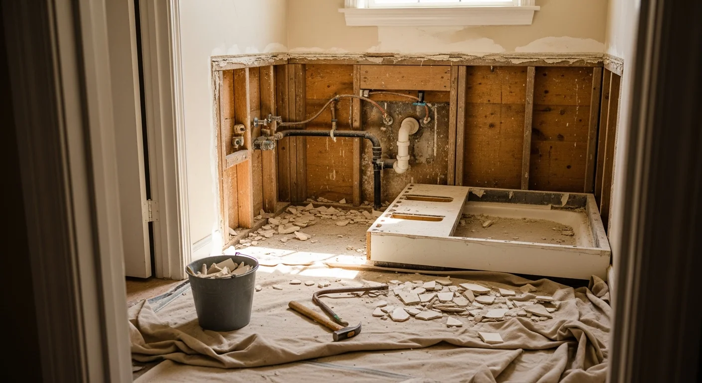 A Royal Oaks bathroom mid-demolition with tile, fixtures, and vanity removed down to the wall studs and concrete subfloor. An NN Construction crew member in work gear surveys the cleared space before remodeling work begins.