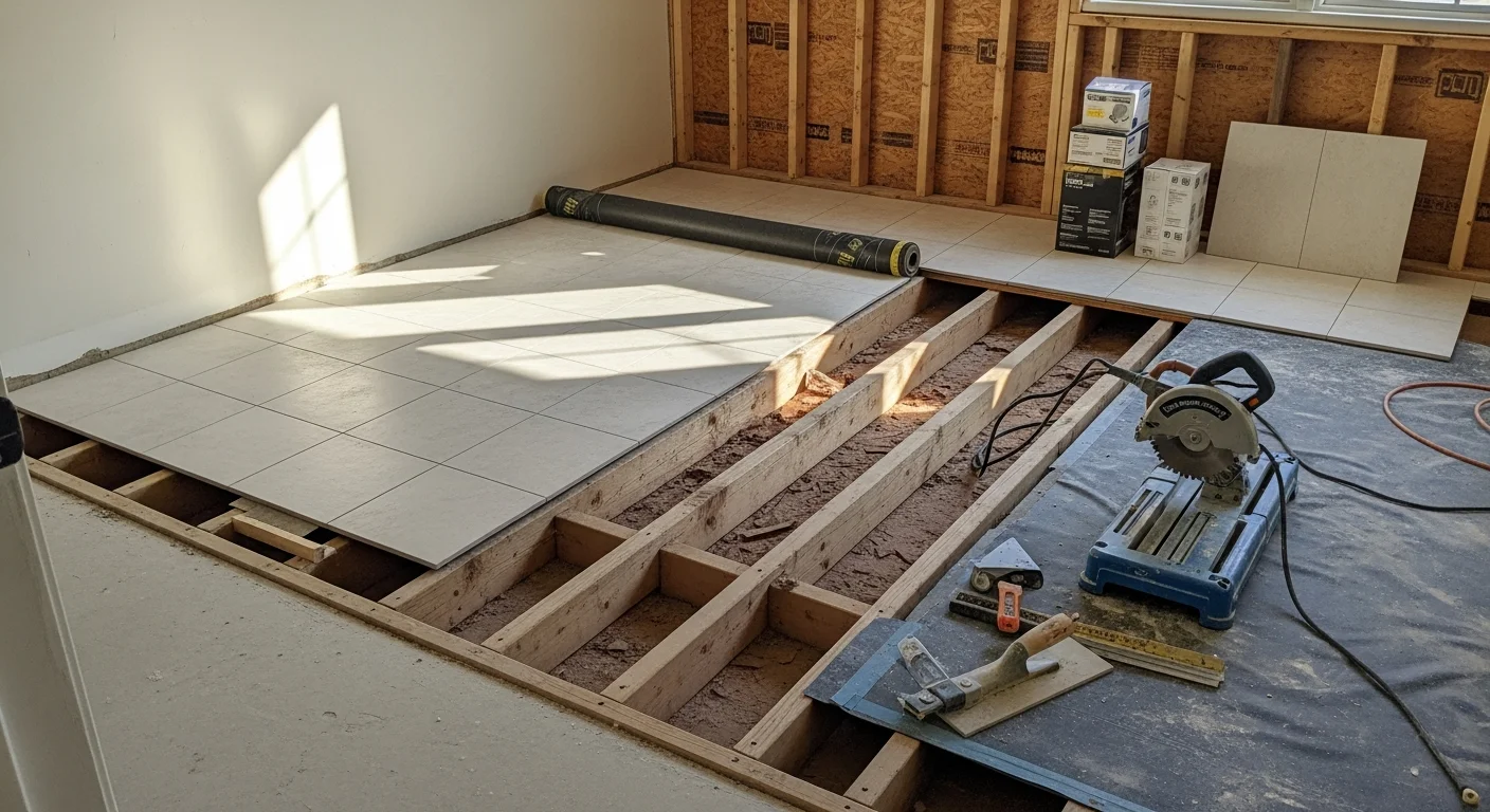 Newly installed moisture-resistant tile bathroom floor in a single-family home in Royal Oaks, CA. The floor shows clean grout lines and a flat, even surface extending from the vanity to the shower area.