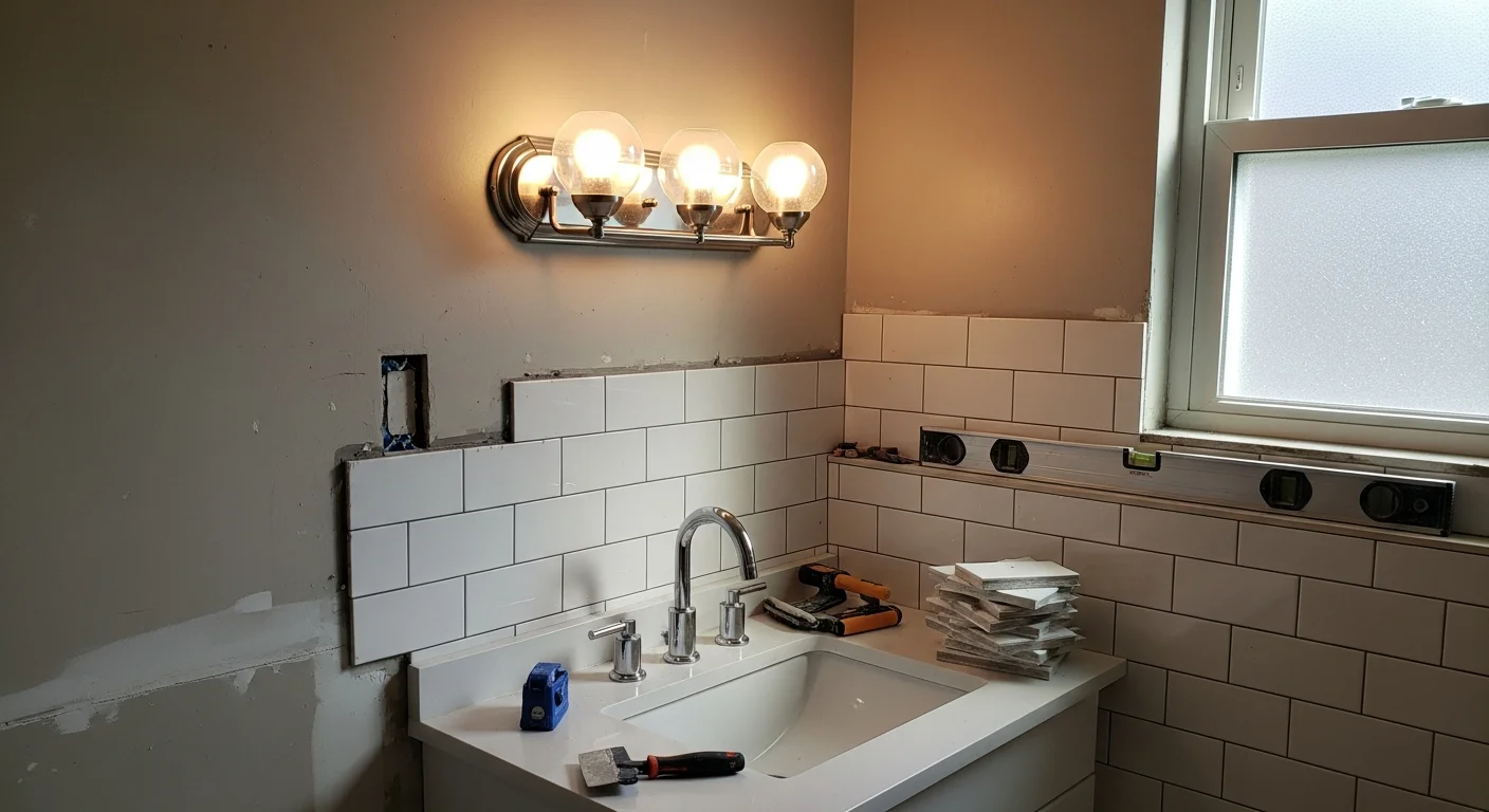 A remodeled bathroom in a Royal Oak, MI home featuring new floor tile, a walk-in shower with glass enclosure, and a white vanity with updated fixtures. The space reflects a typical mid-century bungalow bathroom updated by NN Construction.