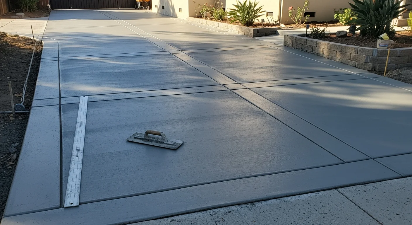 A freshly trowel-finished concrete patio slab at a single-family home in Royal Oaks, California. The surface shows a smooth, even gray finish with clean edges along a residential backyard.
