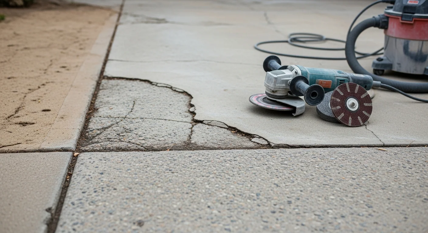 A repaired residential concrete driveway in Royal Oaks showing a smooth, level surface with sealed cracks. The single-family home in the background reflects the established neighborhood character common to the area.