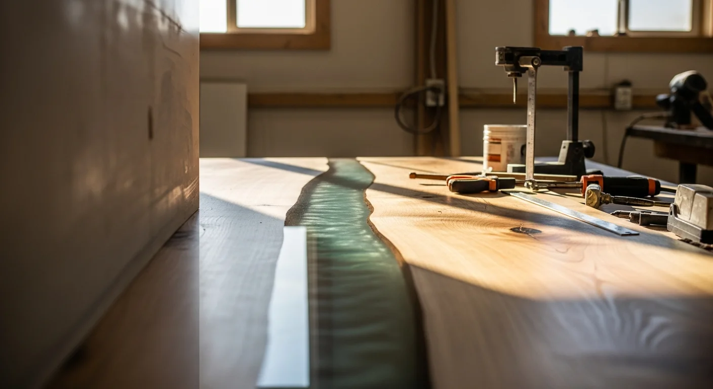 A finished custom epoxy river table with live-edge wood slabs and a deep blue resin center, photographed in a large open dining room typical of a Royal Oaks single-family home. The hardened epoxy surface reflects overhead lighting and shows the natural wood grain along both edges.