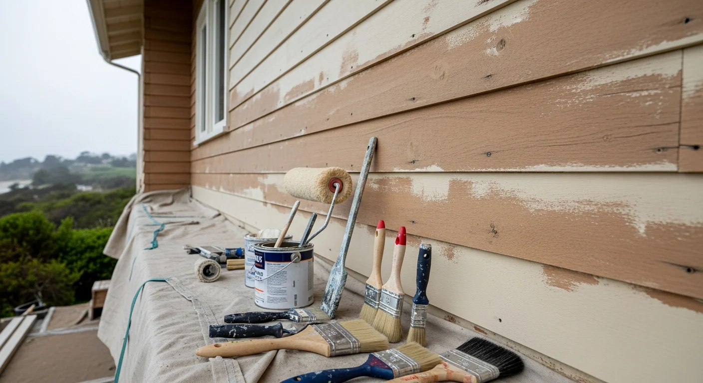 A freshly painted single-family home exterior in Royal Oaks, California, showing clean stucco walls and painted wood trim under natural Central Coast daylight. The finished surface shows no peeling or fading, with consistent color coverage across all visible exterior walls.