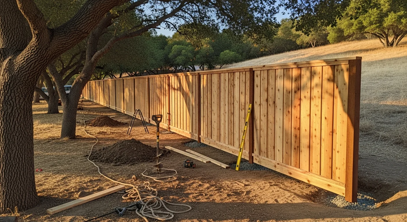 A newly installed wood privacy fence along the backyard perimeter of a single-family home in Royal Oaks, CA. The fence runs parallel to the property line with evenly spaced posts and a closed gate on the side yard.