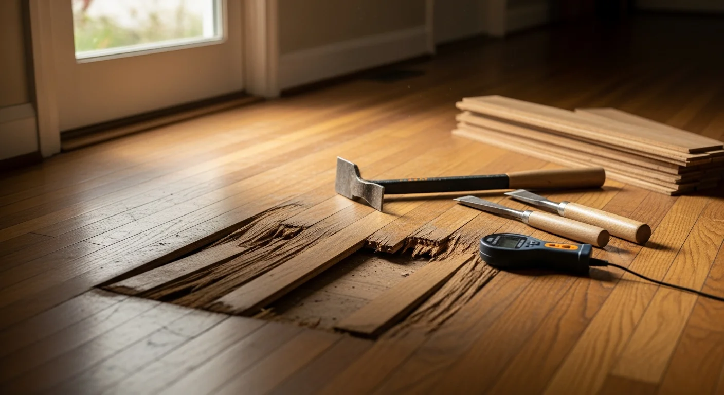 A repaired hardwood floor section in a single-family home in Royal Oaks, showing a seamless blend between the restored boards and the surrounding original flooring. Close-up view highlights the smooth, even surface finish after professional flooring repair work by NN Construction.