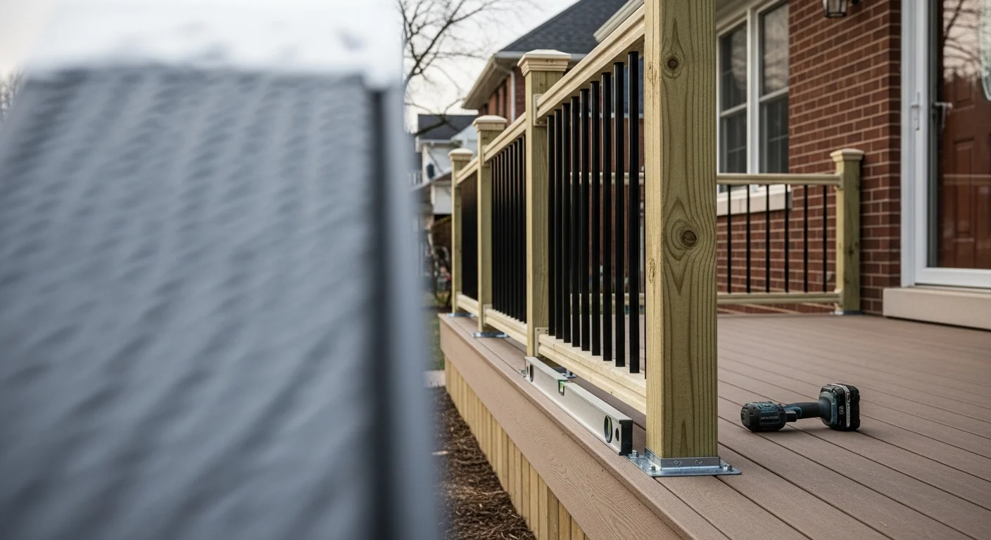 Newly installed exterior railing on a raised front porch of a Royal Oak, MI bungalow, with clean post bases and evenly spaced balusters. The railing runs along painted wood porch steps on a residential street in Royal Oak.