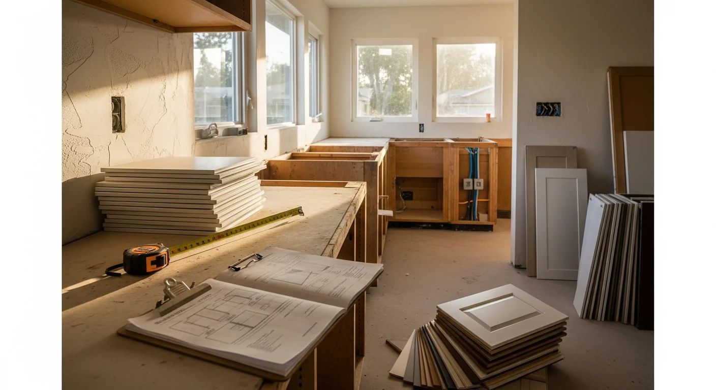 A remodeled interior of a single-family home in Royal Oaks, CA, showing an updated open-concept kitchen and living area with new cabinetry and flooring. The renovation reflects work completed by NN Construction on a mid-century residential property.
