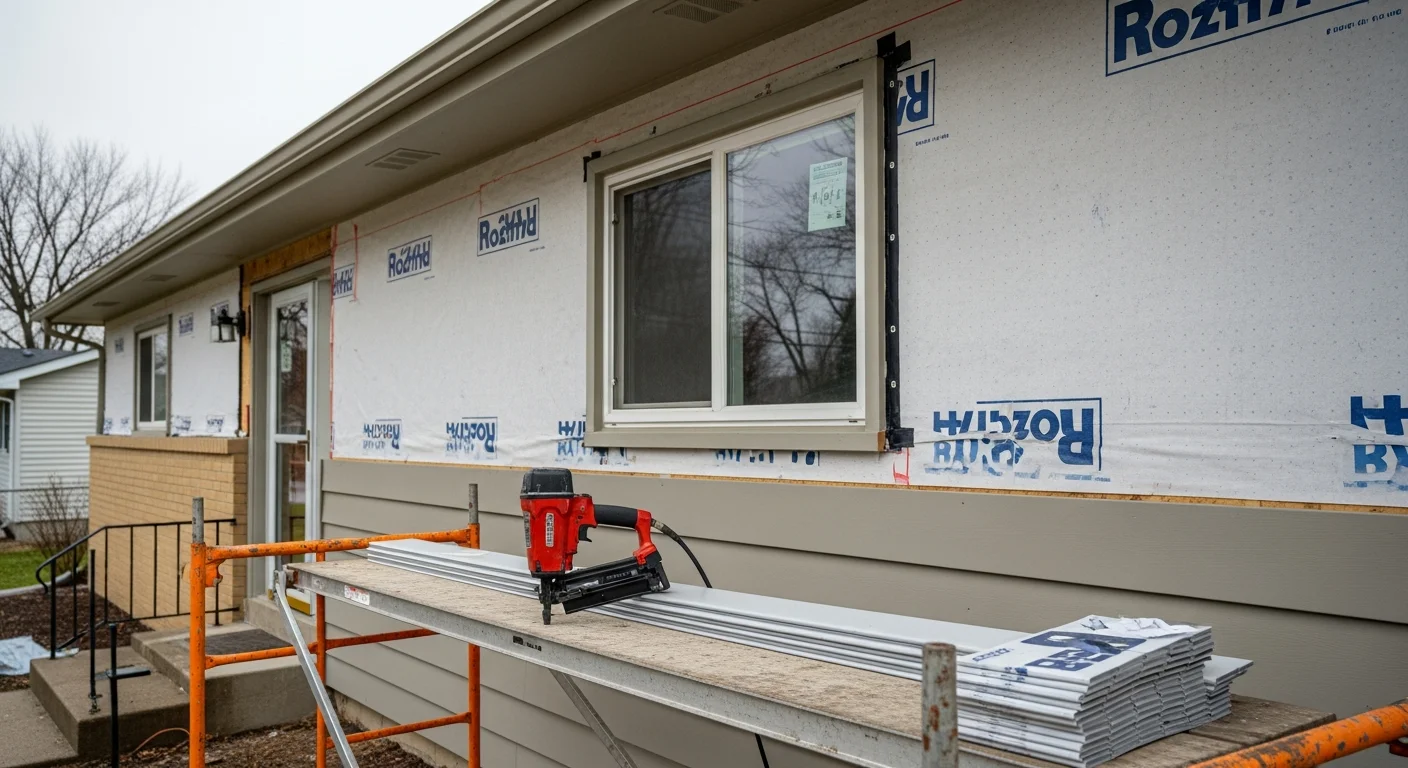 Freshly installed exterior siding on a residential home in Royal Oak, MI, showing clean panel lines, finished corner trim, and updated curb appeal. The completed exterior reflects NN Construction's siding installation work on a Michigan single-family home.