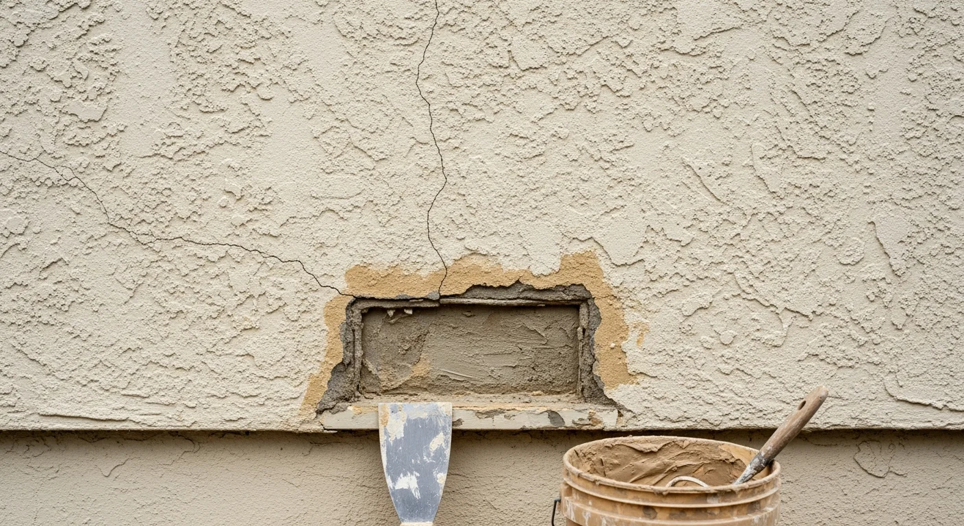 A Royal Oaks home exterior showing a freshly repaired stucco wall with a smooth, consistent finish and no visible cracks or patches. The repair blends evenly with the surrounding surface along the front facade of a single-family residence.